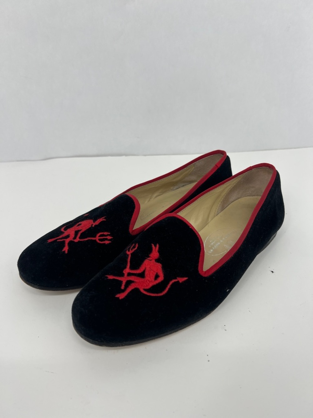 Stubbs & Wootton Black Velvet Flats with Red Devil Embroidery